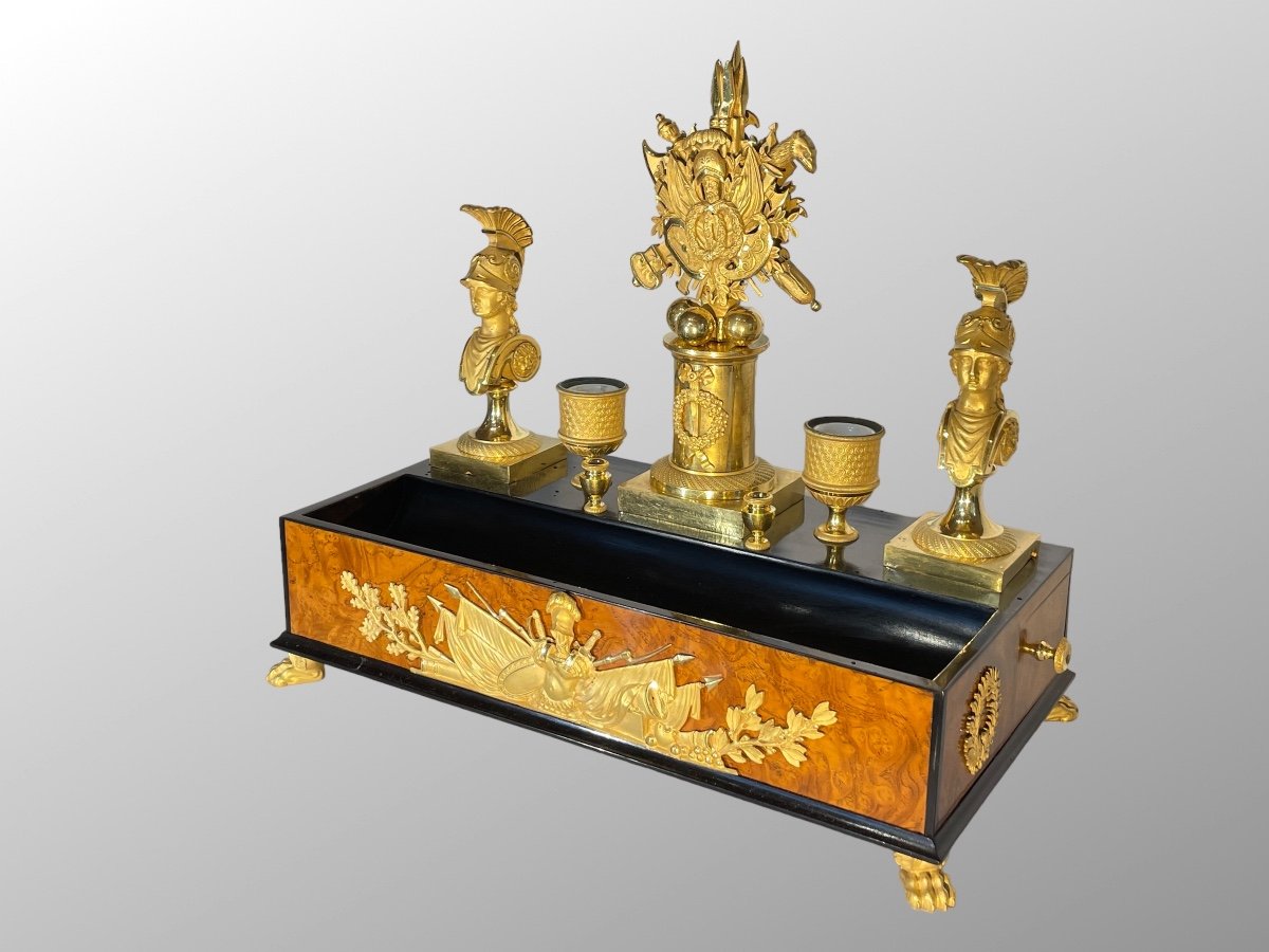 Inkwell In Burr Ash, Ebony And Gilt Bronze. First Empire Period.