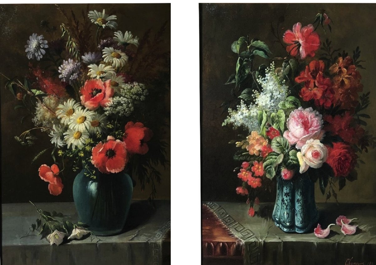 Paire De Tableaux De Fleurs Signés  J. Champion Et Datés 1890 & 1891 - Huile Sur Toiles.