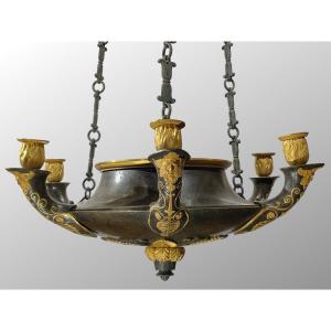 Chandelier In Gilt And Patinated Bronze. Period Of The Beginning Of The 19th Century