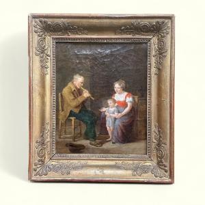 "Enfant S'émerveillant Devant Un Joueur De Flute".  Huile Sur Toile, Début Du XIXe Siècle.