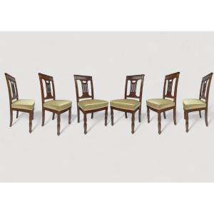 Set Of Six Mahogany Chairs. Openwork Backrest. Early 19th Century.