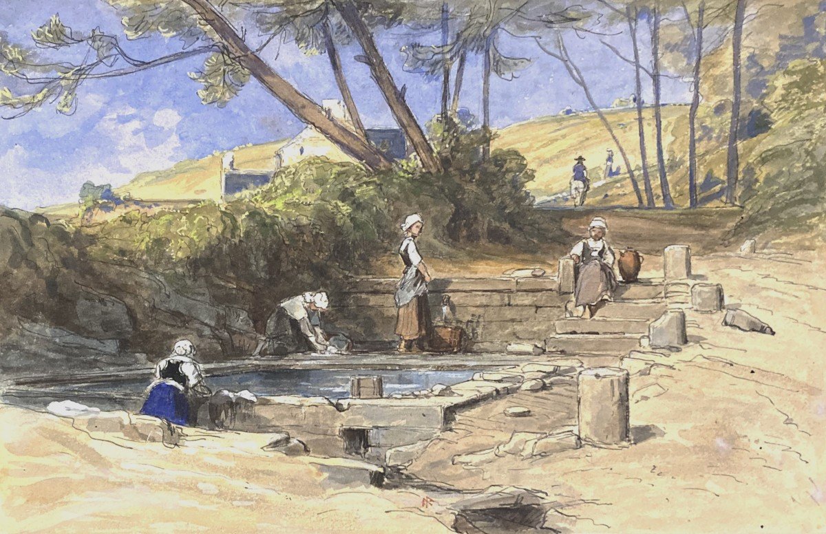 Anastasi Auguste (1820-1889) "washerwomen In Douarnenez" Drawing/pen, Watercolour, Signed/stamp-photo-3