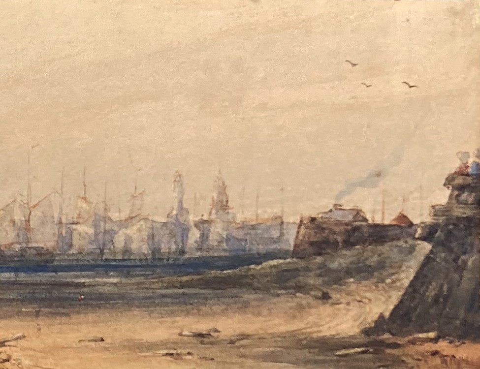 WYLD William (1806-1889) "Vue de Calais" Aquarelle, signé-photo-3
