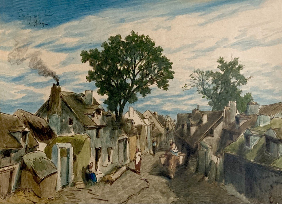 Hervier Adolphe (1818-1879) &quot;rue d'Un Village&quot; Drawing In Pen And Watercolor, Signed