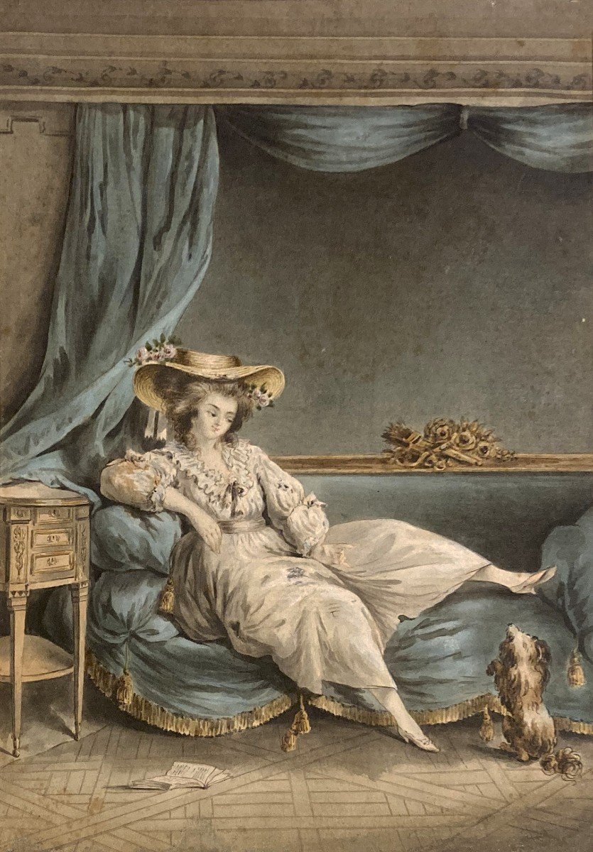 French School 18th Century "woman And Her Dog" Watercolor