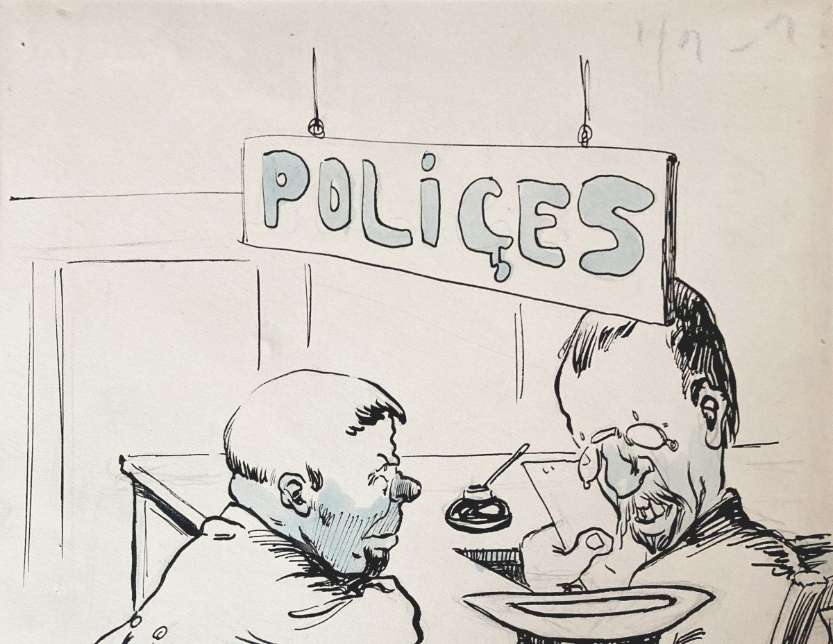 BOFA Gus (1883-1968) "Caricature Police d'assurance" Dessin/Plume, encre, réhauts de bleu,signé-photo-2