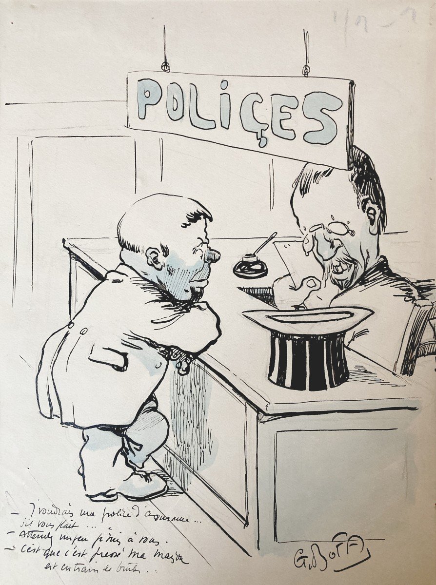 BOFA Gus (1883-1968) "Caricature Police d'assurance" Dessin/Plume, encre, réhauts de bleu,signé