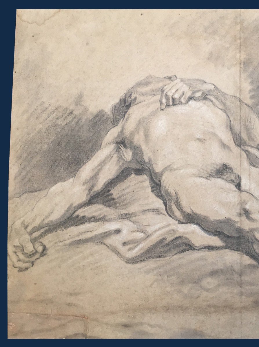 French School 18th Century "academy Of Reclining Man" Drawing In Black Chalk And White Chalk-photo-2