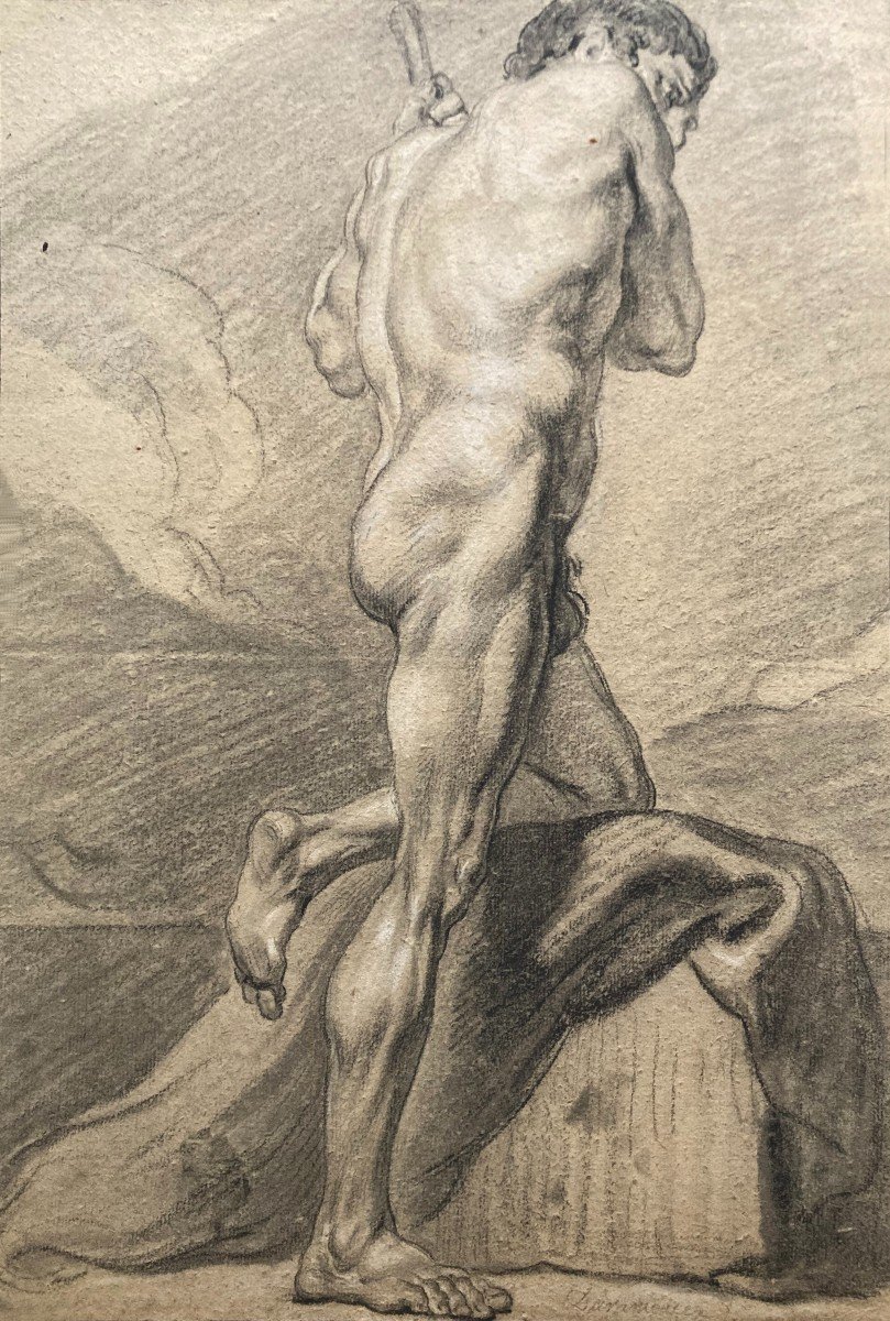 DURAMEAU Louis (1733-1796) Attr.à "Académie d'homme" Dessin/Pierre noire, craie blanche, Annoté