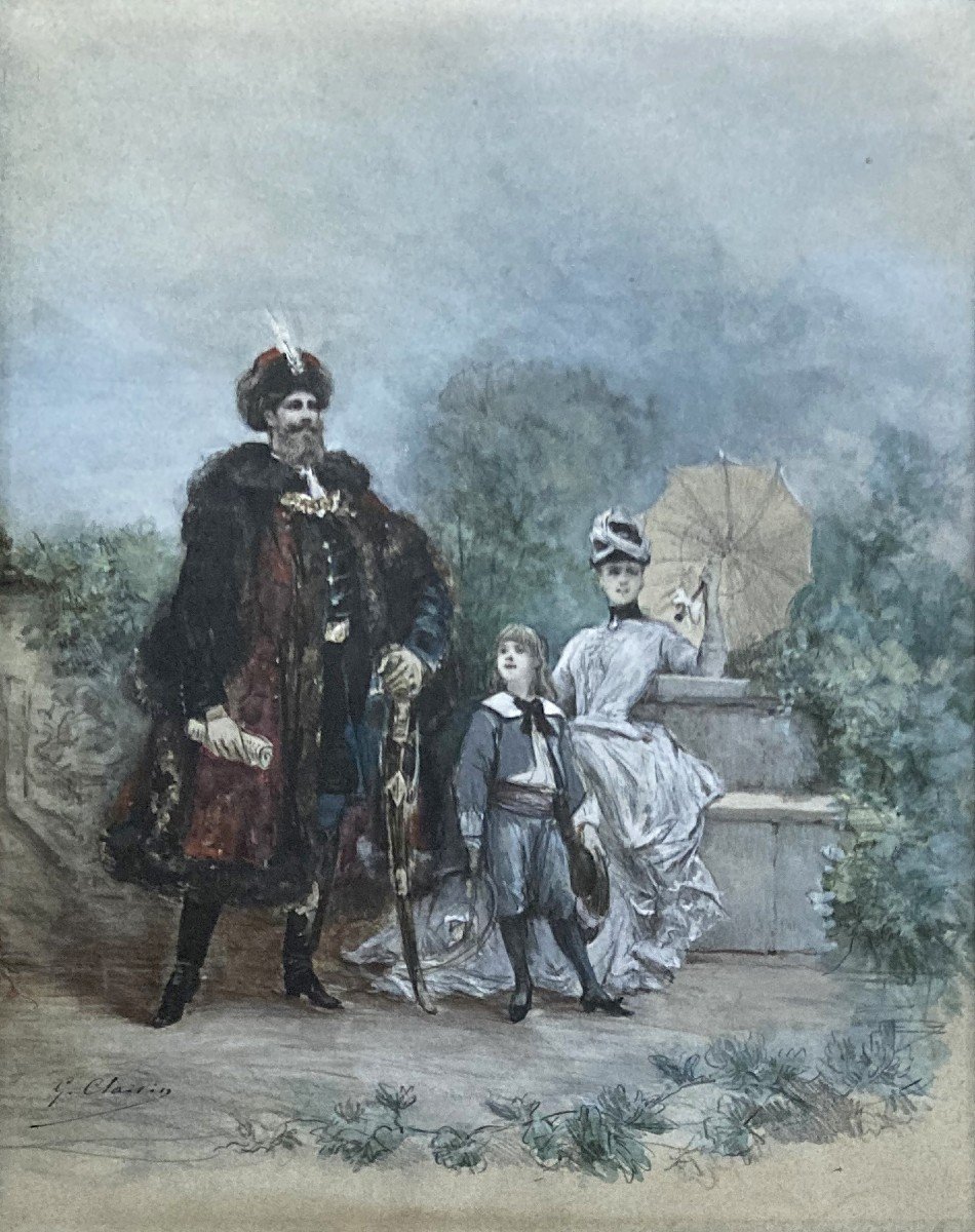 CLAIRIN Georges (1843-1919) "Famille russe" Dessin/Crayon noir, aquarelle, gouache, Signé