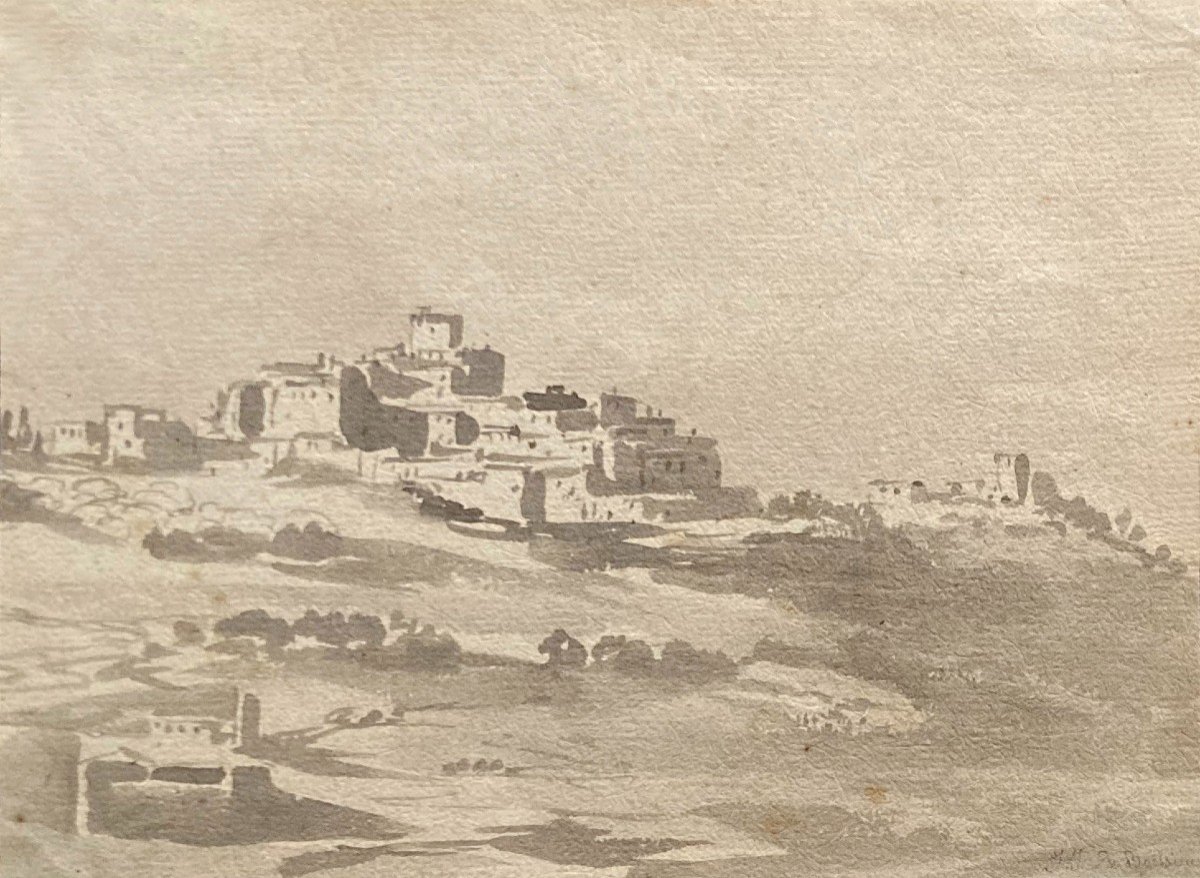 DE BOISSIEU Jean-Jacques (1736-1810) "Vue de Garigliano,Italie" Dessin/Plume, lavis gris, Cadre 18e-photo-2
