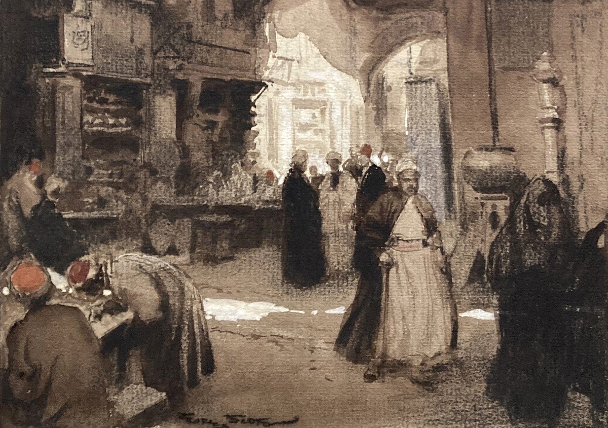 Scott Georges (1873-1943)"the Cairo Bazar" Drawing/black Pencil,watercolor,gouache,signed,frame-photo-3