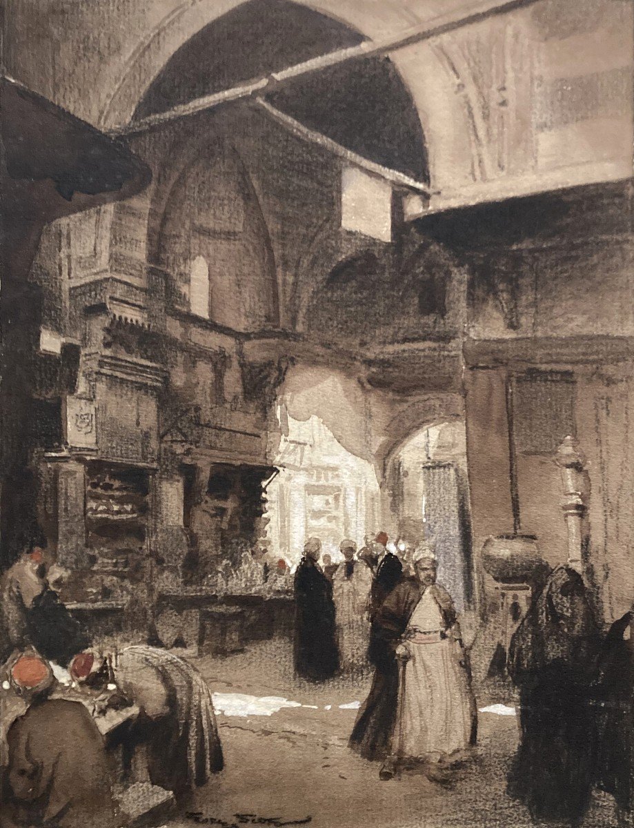 Scott Georges (1873-1943)"the Cairo Bazar" Drawing/black Pencil,watercolor,gouache,signed,frame