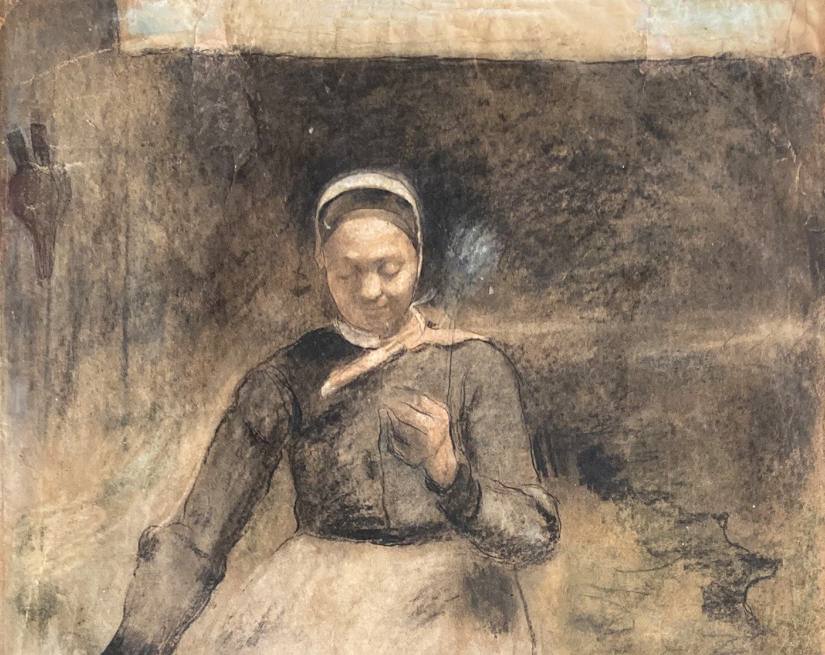 Milcendeau Charles (1872-1919) "woman Working" Drawing/black Pencil, Pastel, Signed And Dated-photo-2