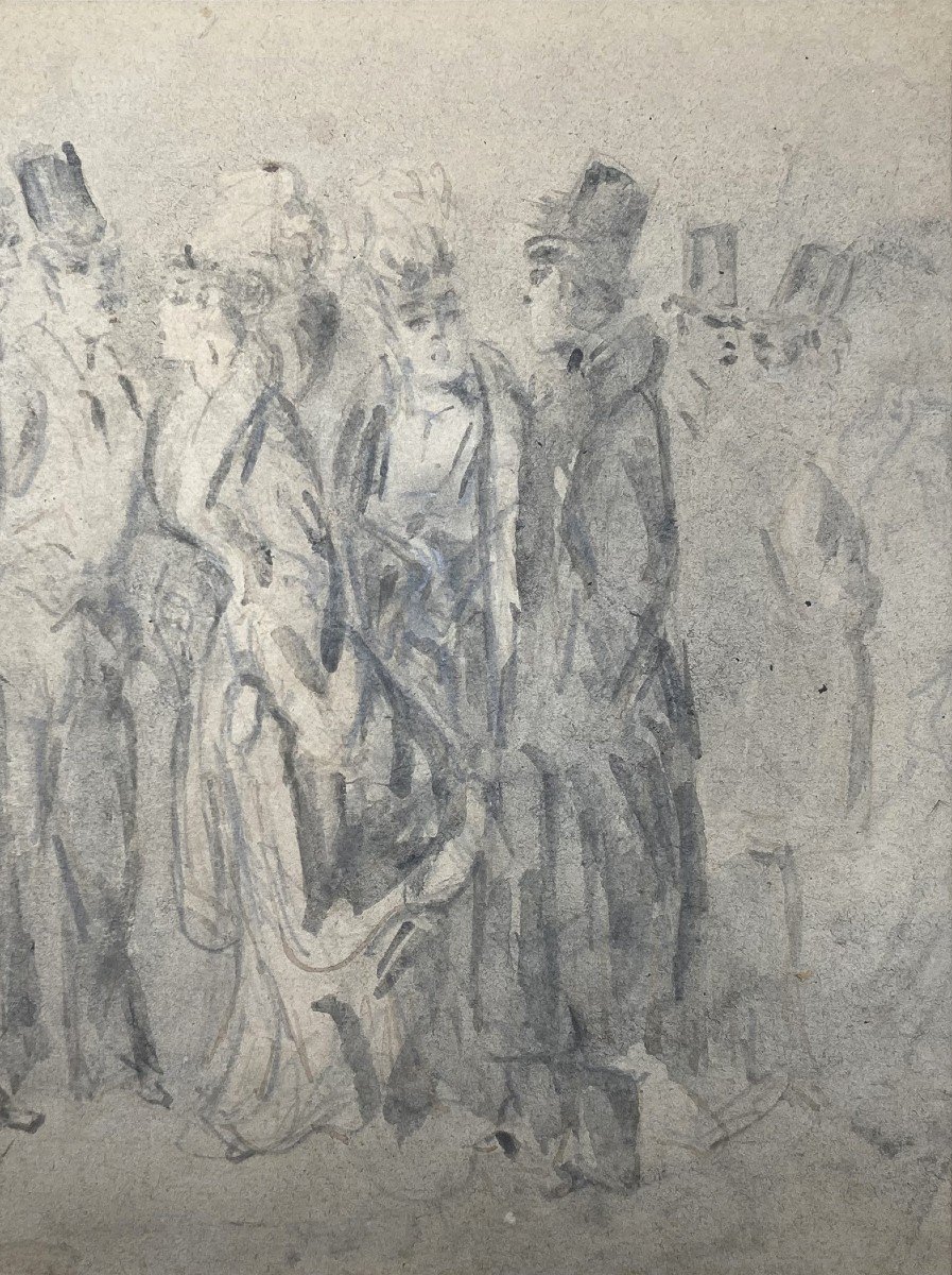 Guys Constantin (1802-1892) "dandies And Elegant Women" Gray Wash Drawing-photo-3