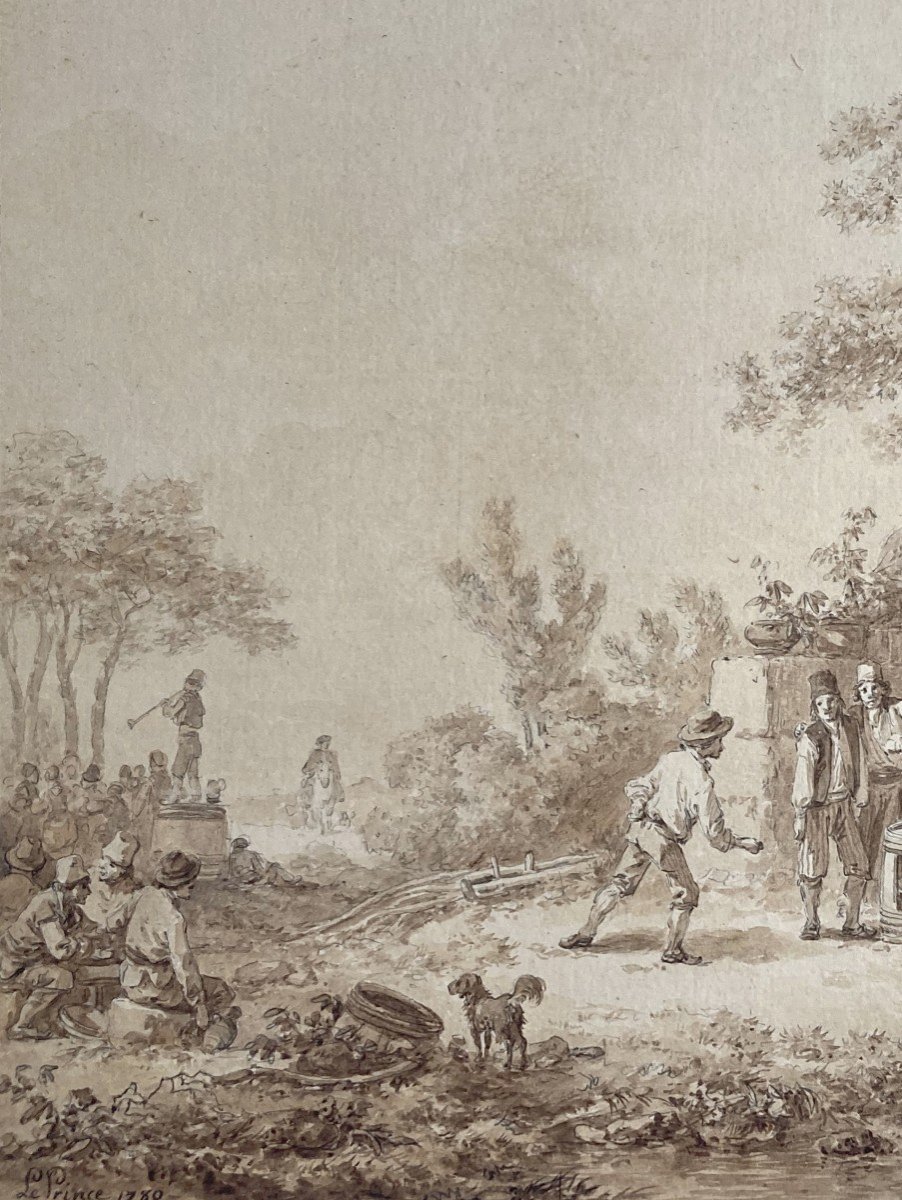 Leprince Jean-baptiste (1734-1781) "characters In Front Of A Cottage" Drawing/pen, Brown Wash-photo-2