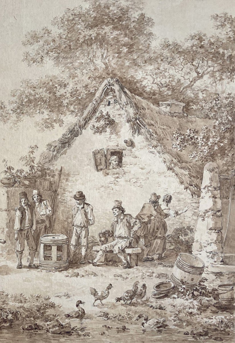 Leprince Jean-baptiste (1734-1781) "characters In Front Of A Cottage" Drawing/pen, Brown Wash-photo-3