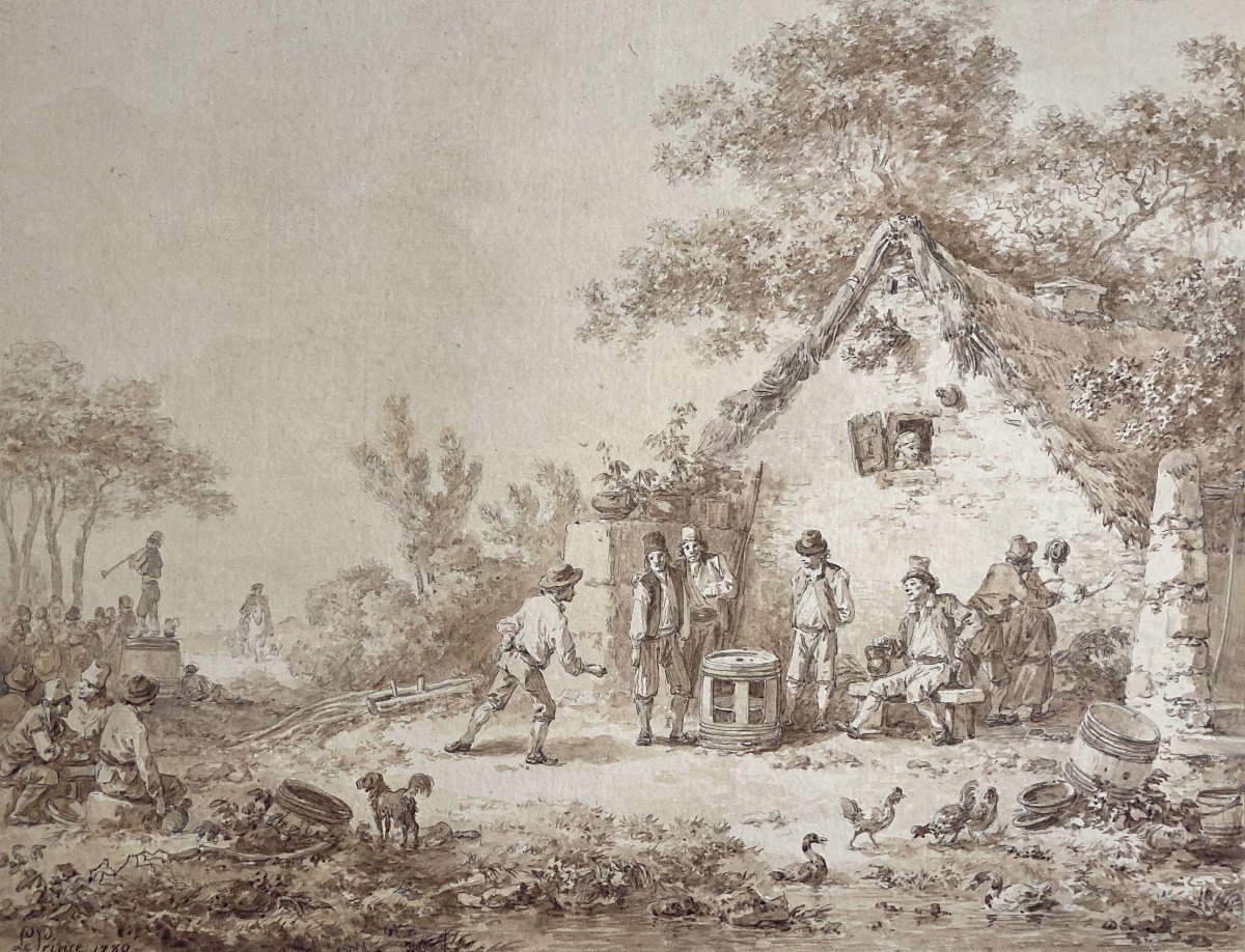 Leprince Jean-baptiste (1734-1781) "characters In Front Of A Cottage" Drawing/pen, Brown Wash