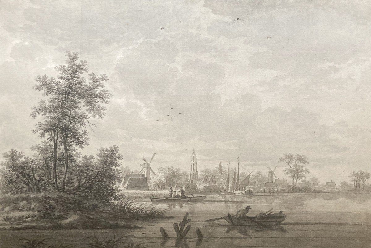 WICART Nicolas (1748-1815) Ecole du Nord "Paysage fluvial" Dessin/Pierre noire et lavis, signé