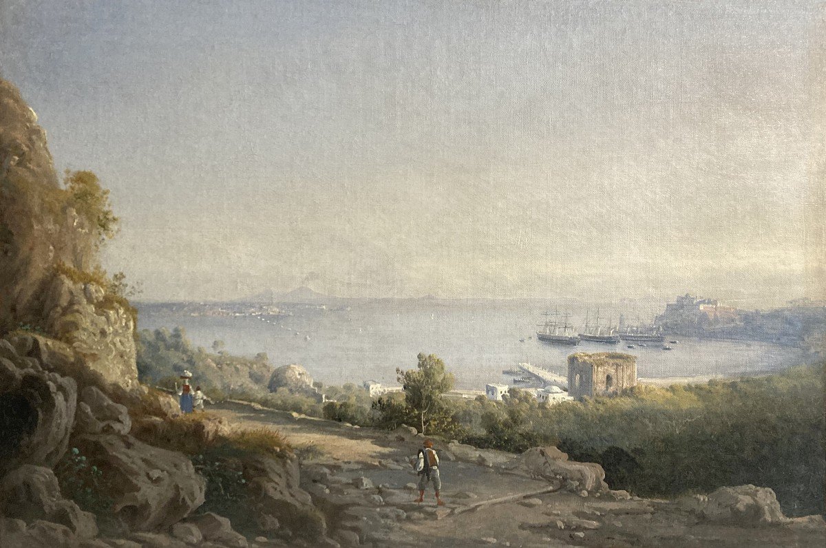 Italian School 19th Century "landscape With Vesuvius" Oil On Canvas