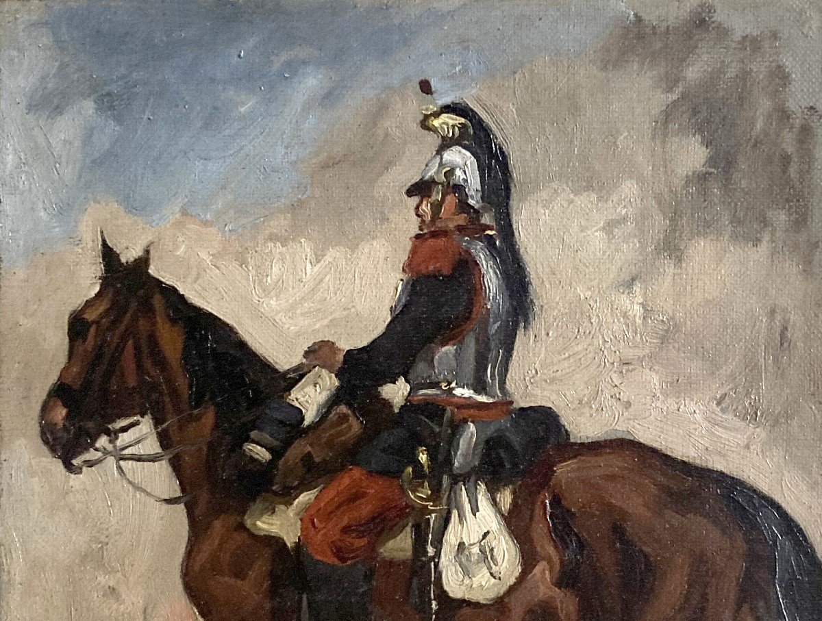 Lançon Auguste (1836-1885) "a Cuirassier" Oil On Canvas, Monogrammed-photo-2