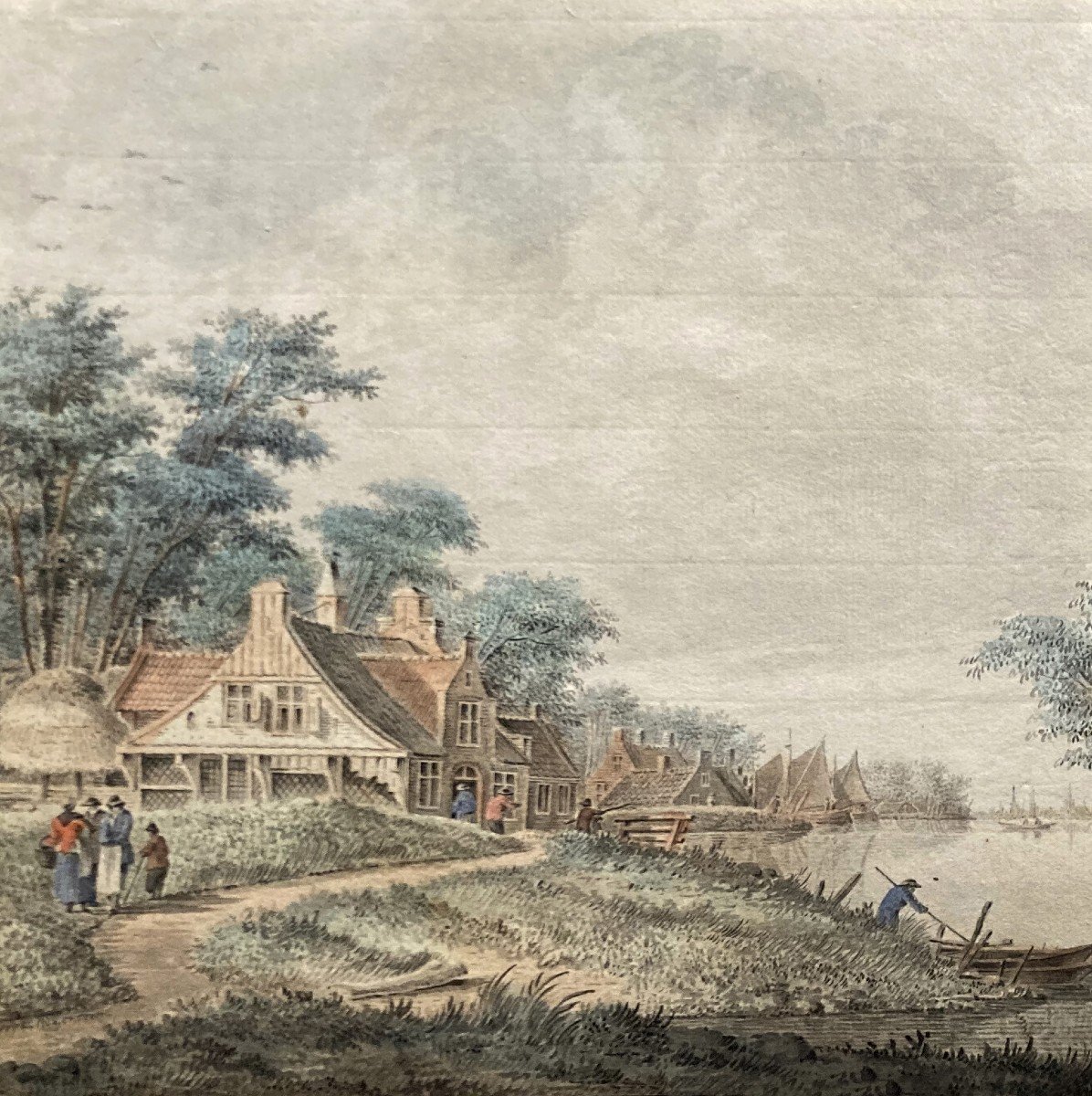 VERRIJK Dirk (1734-1786) Ecole du Nord "Paysage à la rivière" Dessin/Plume, aquarelle, Signé-photo-2