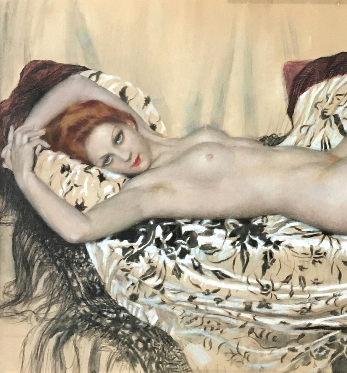 BRISGAND Gustave (1867-1944) "Nu féminin allongé" Pastel, signé, Cadre moderne-photo-2