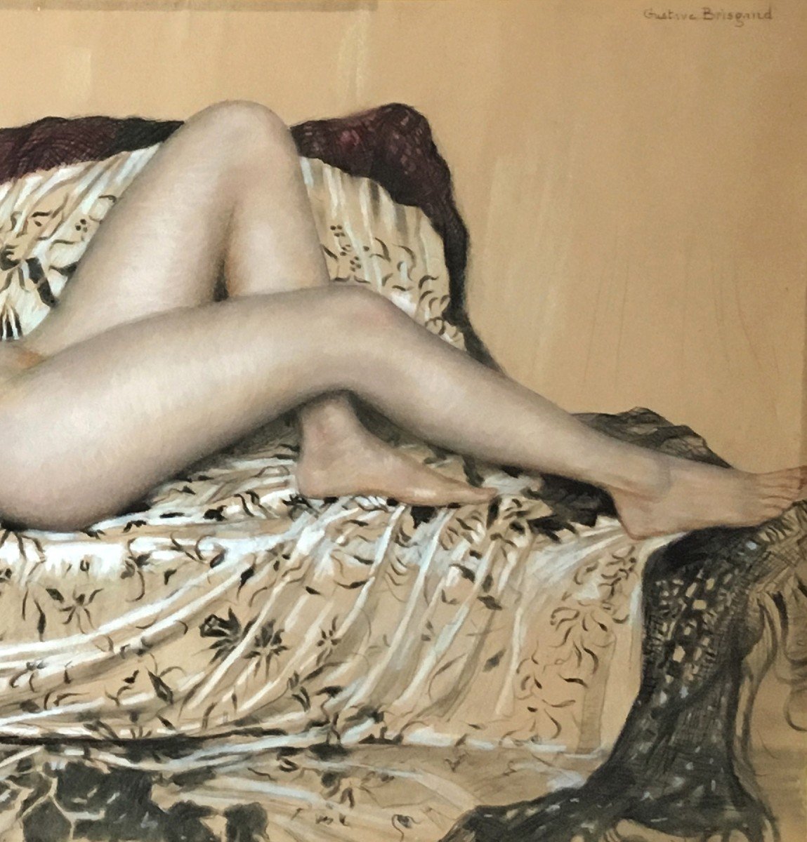 BRISGAND Gustave (1867-1944) "Nu féminin allongé" Pastel, signé, Cadre moderne-photo-3