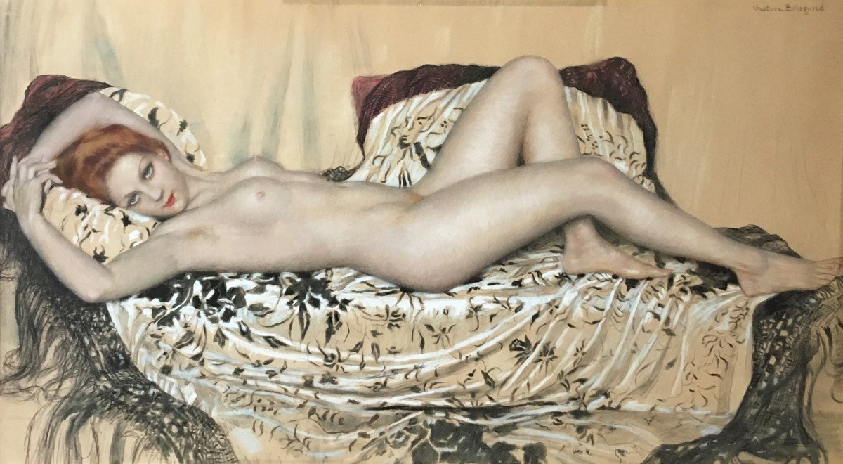 BRISGAND Gustave (1867-1944) "Nu féminin allongé" Pastel, signé, Cadre moderne