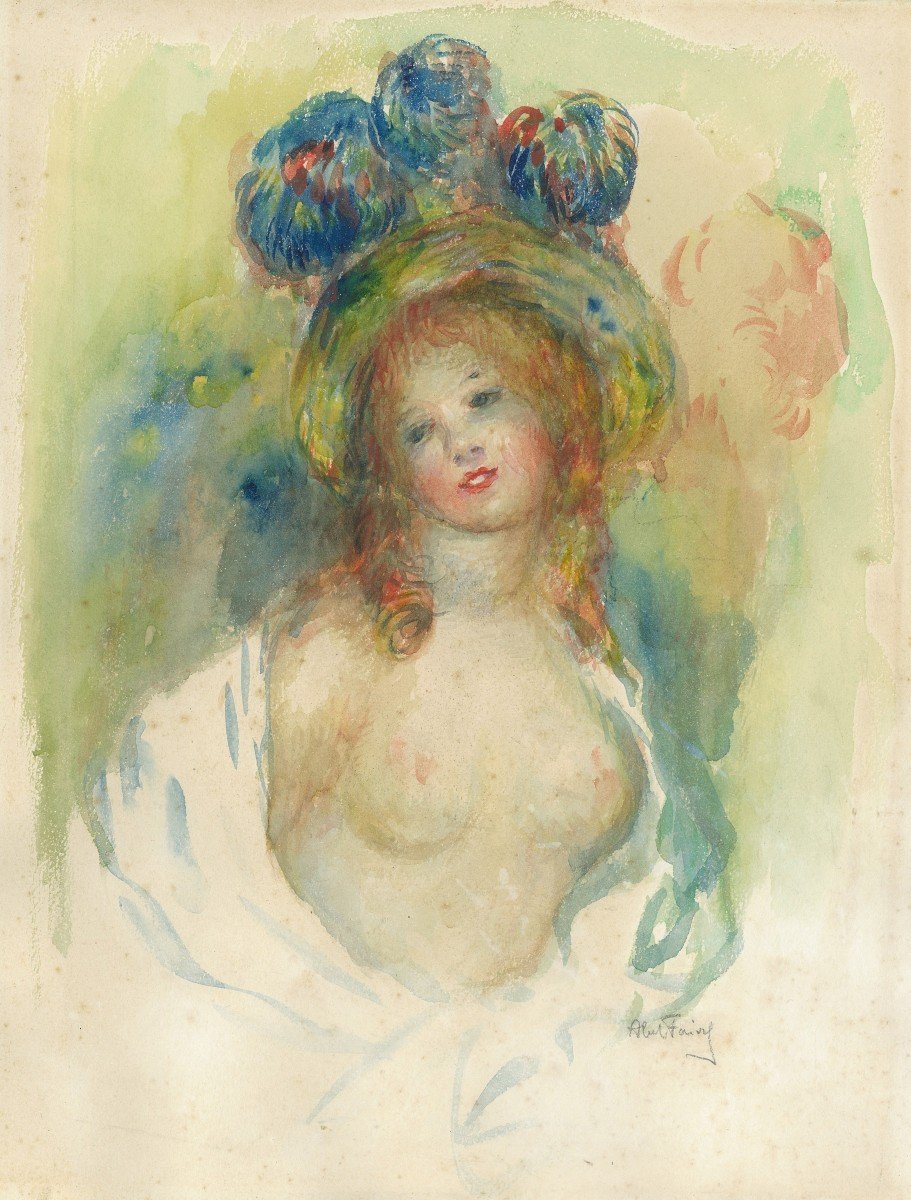 Faivre Abel (1867-1945) "the Bare-breasted Model" Watercolor, Signed