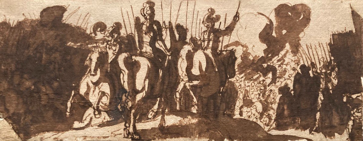 Tempesta Antonio (1555-1630) "horsemen" Drawing In Pen And Brown Wash, 19th Frame