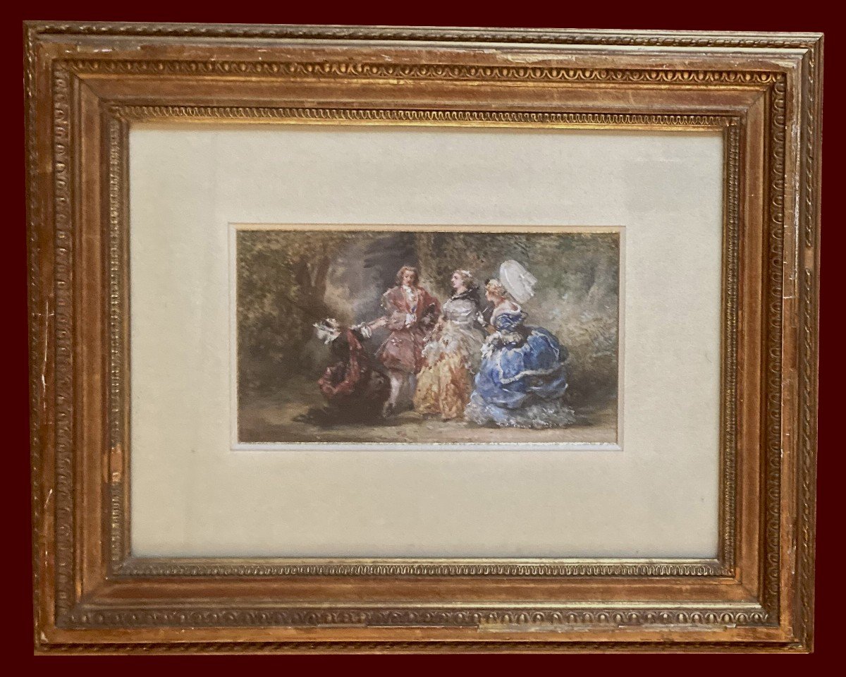 Lami Eugène (1800-1890) "scène Galante" Drawing/watercolor And Gouache, Monogrammed, Dated, 19th Frame