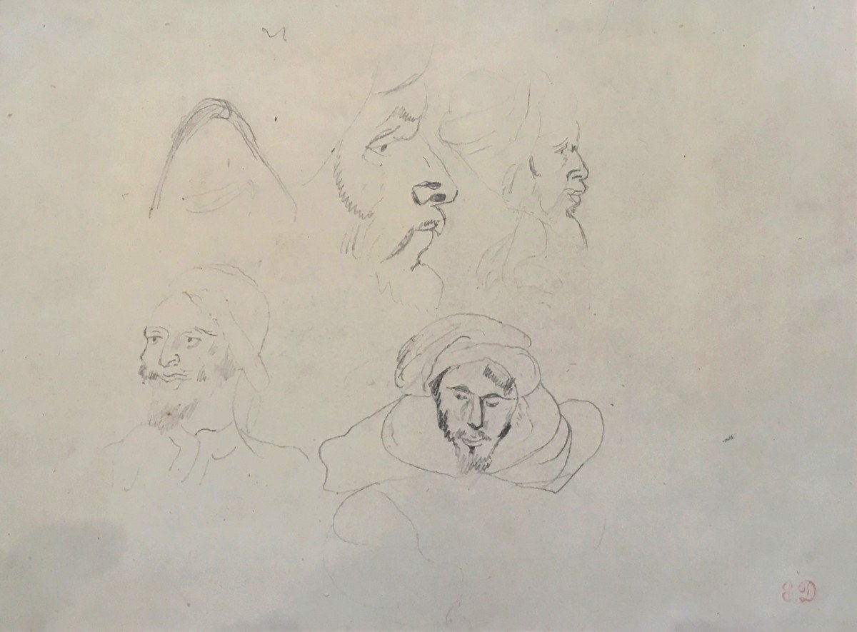 DELACROIX Eugène (1798-1863) "Têtes d'arabes" Dessin au crayon noir, Cachet de la vente