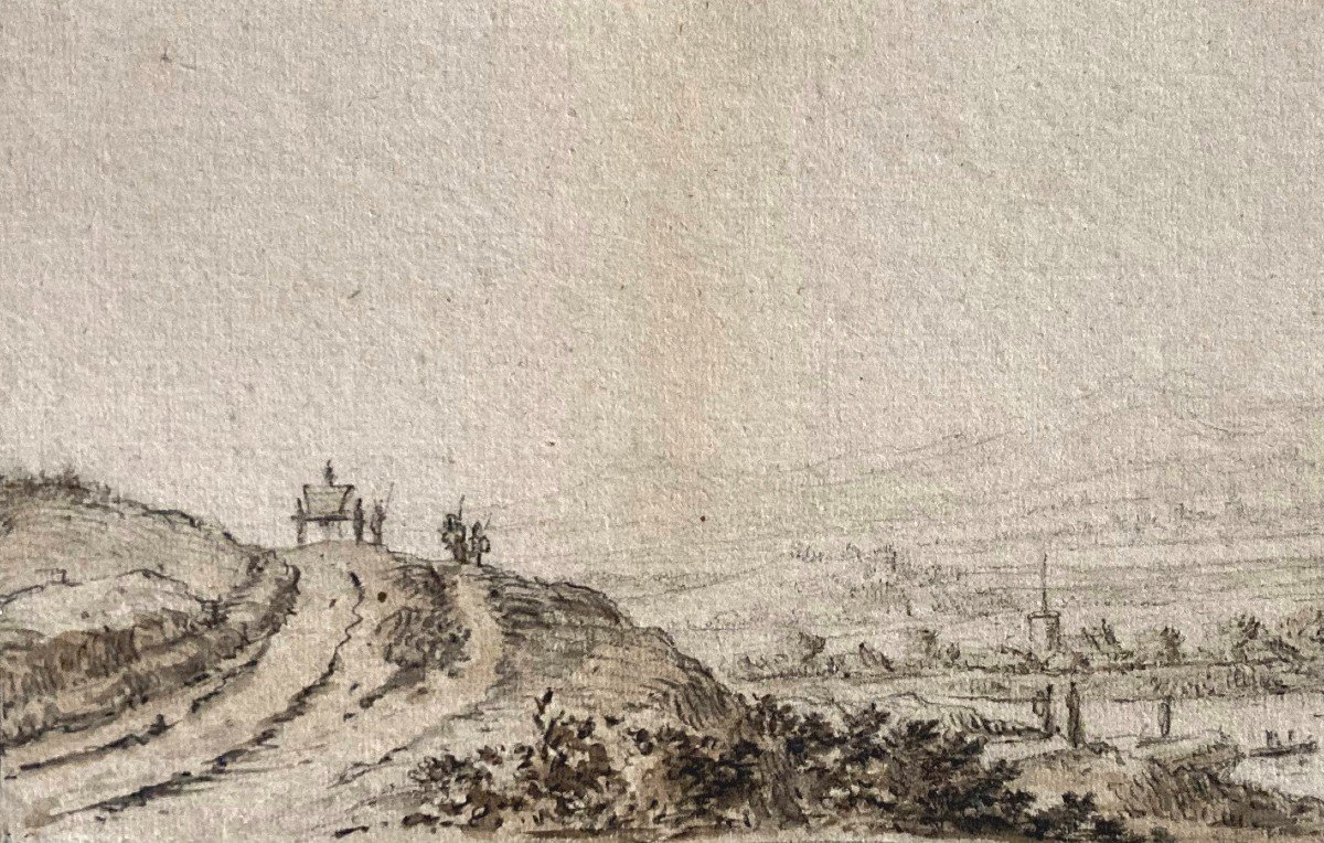 SAFTLEVEN Herman (1609-1685) Attr. à "Paysage animé à la charette" Dessin/Pierre noire, Annoté-photo-2