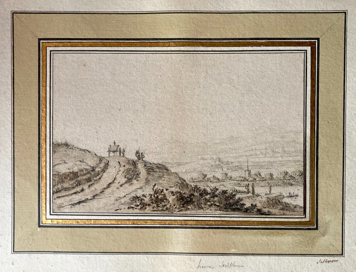 SAFTLEVEN Herman (1609-1685) Attr. à "Paysage animé à la charette" Dessin/Pierre noire, Annoté