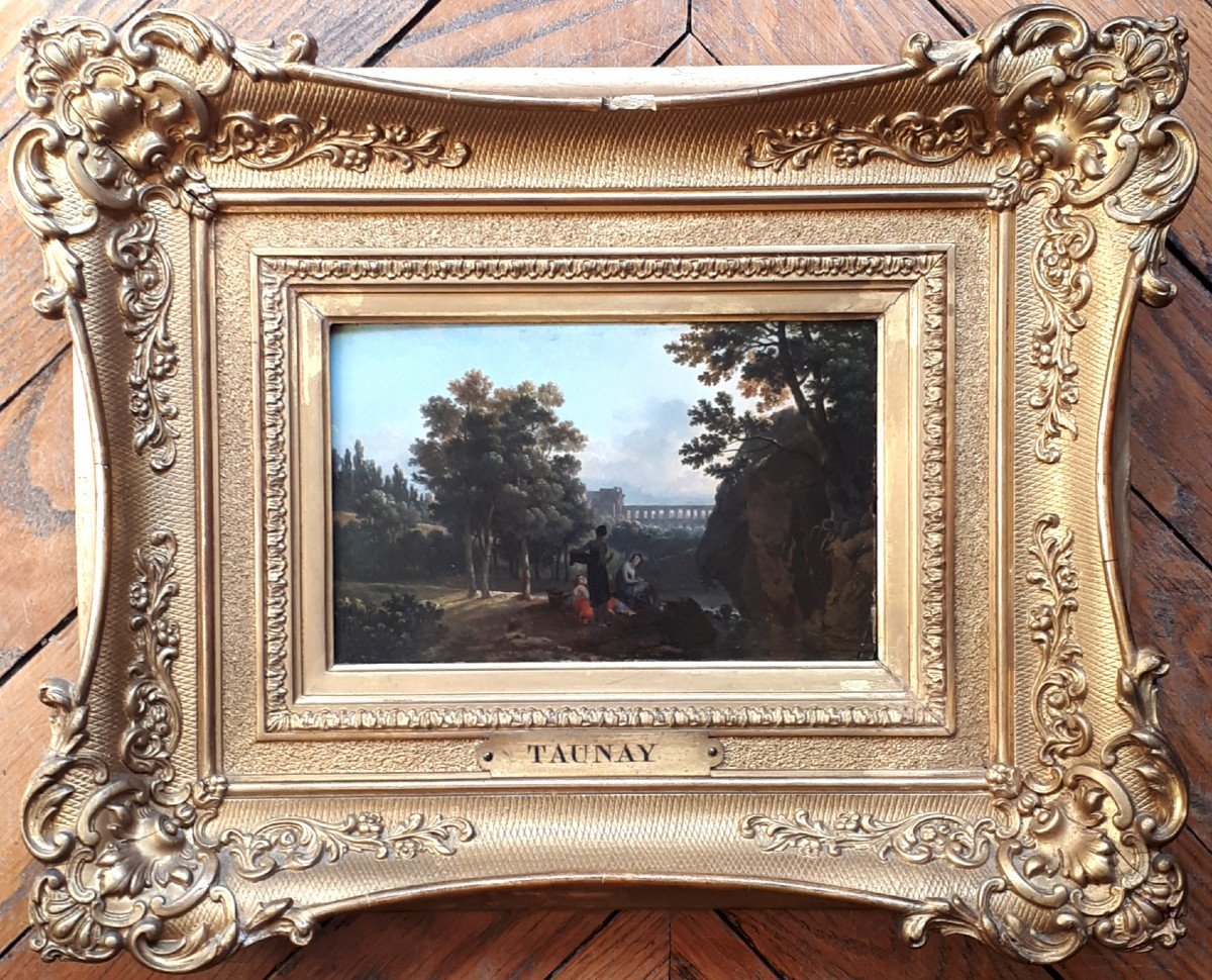 TAUNAY Nicolas-Antoine (1755-1830) "Paysage animé" Huile/panneau, Beau cadre 19e avec cartouche