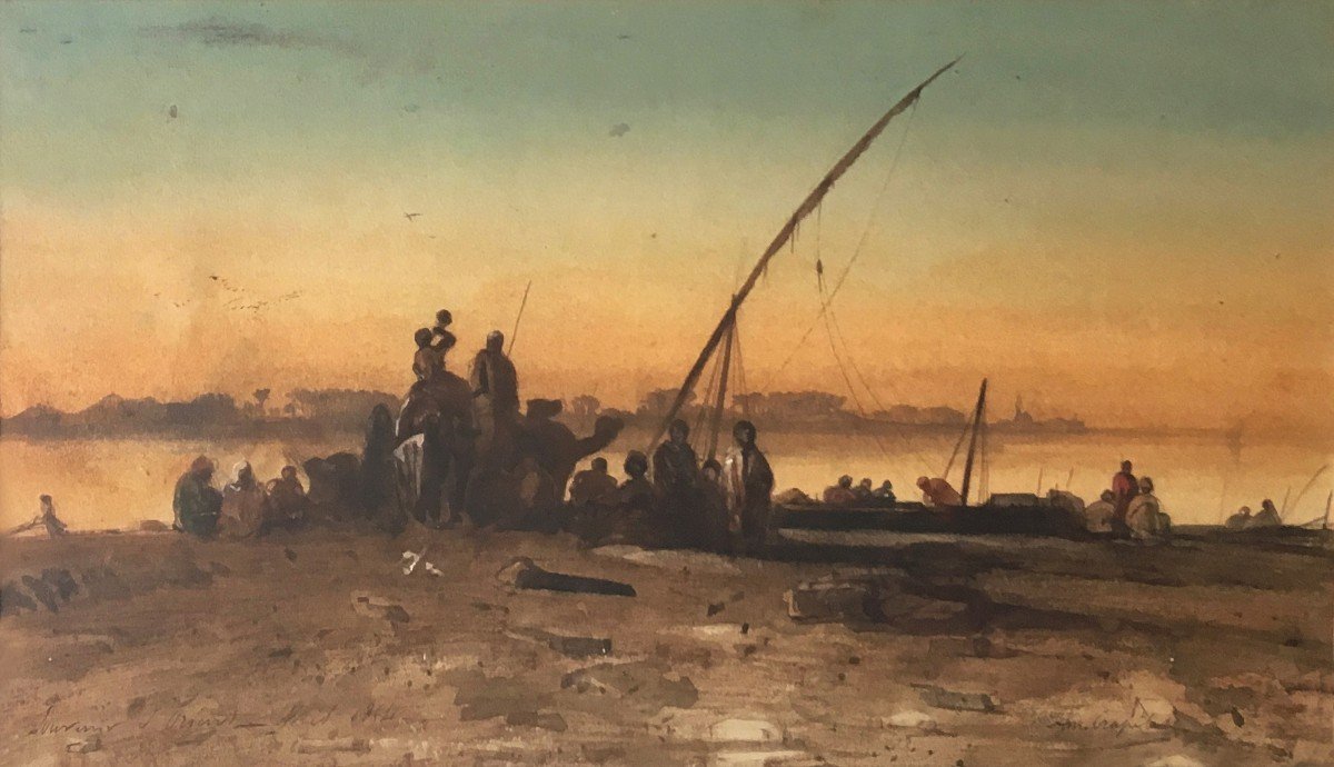 CRAPELET Louis-Amable (1822-1867) "Paysage d'Egypte" Aquarelle, signé,daté,annoté, Baguette 19e