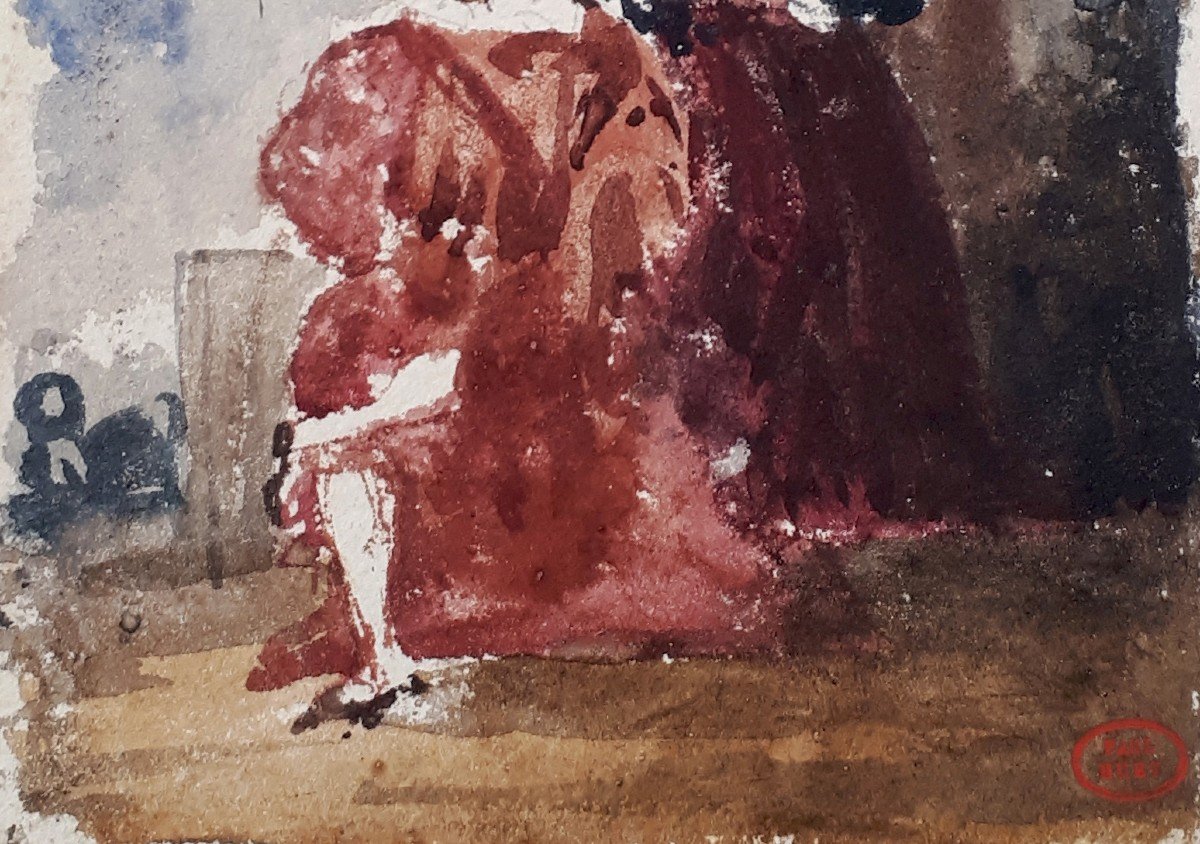 HUET Paul (1803-1869) "Elégantes au chapeau" Aquarelle, signé du cachet d'atelier-photo-3