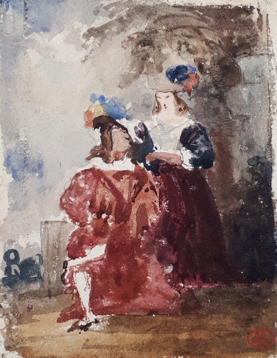 HUET Paul (1803-1869) "Elégantes au chapeau" Aquarelle, signé du cachet d'atelier