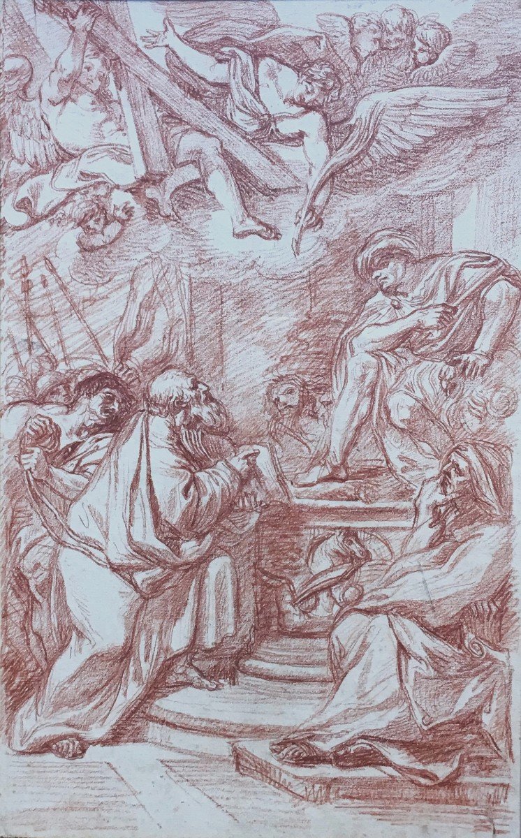 ANGO Jean-Robert (1710-1773) "Scène religieuse" Dessin au crayon sanguine, Cadre d'époque 18e-photo-2