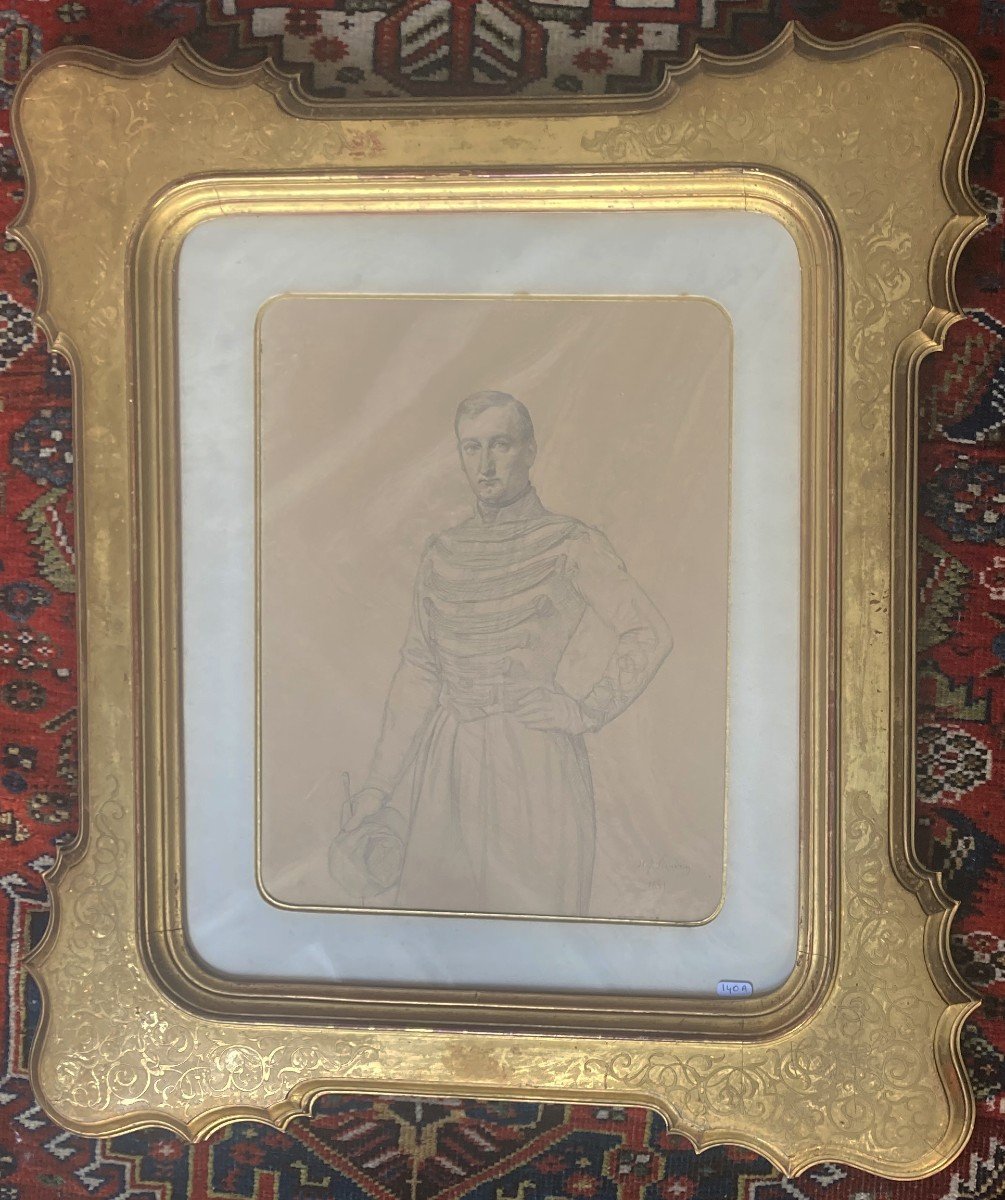 Flandrin Hippolyte (1809-1864) "cavalry Officer" Drawing/black Pencil, Signed, Dated, 19th Century Frame-photo-4