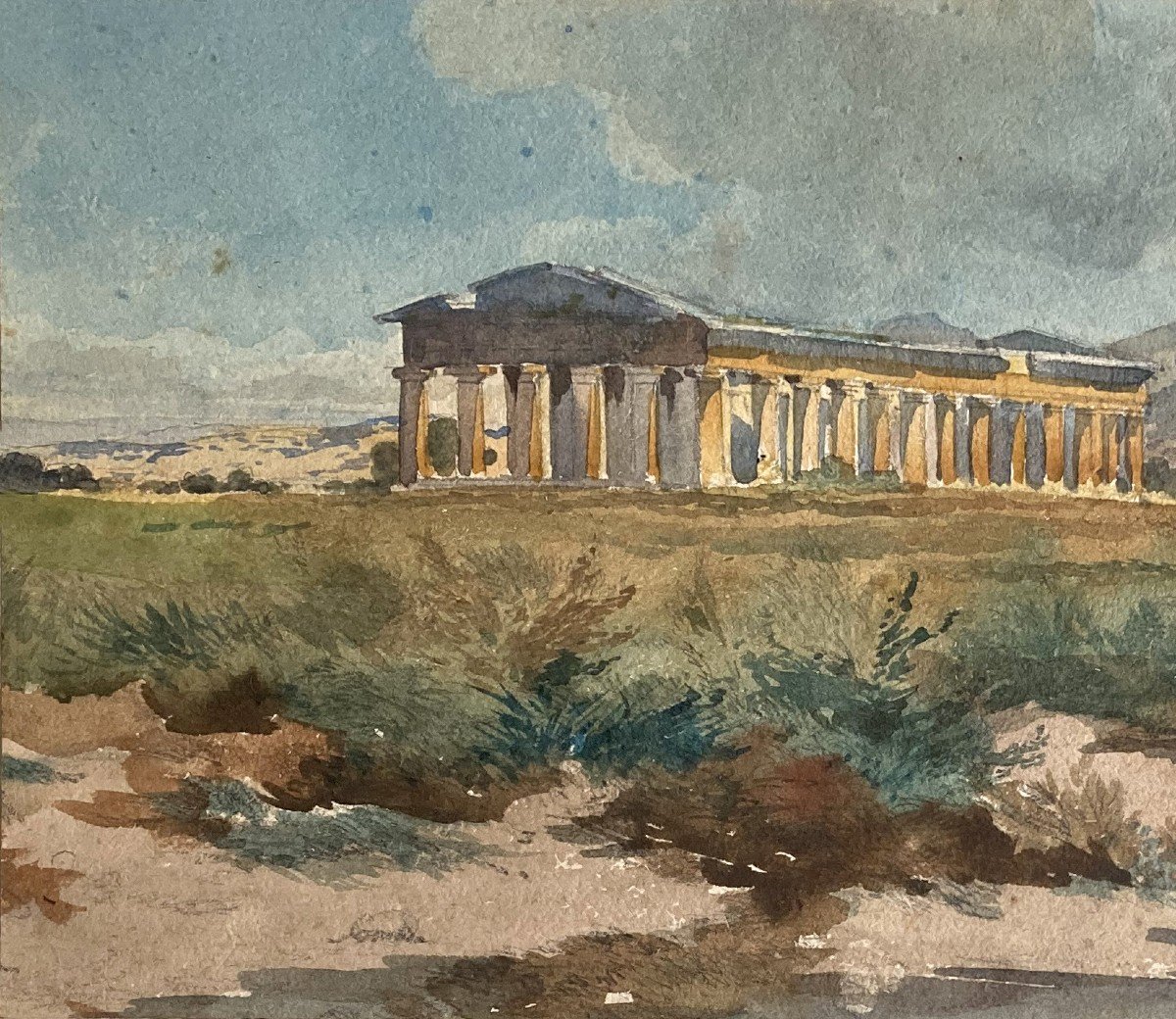 ECOLE FRANCAISE 19E SIECLE "Temples de Paestum" Aquarelle-photo-2