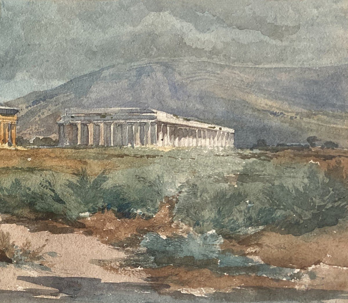 ECOLE FRANCAISE 19E SIECLE "Temples de Paestum" Aquarelle-photo-3