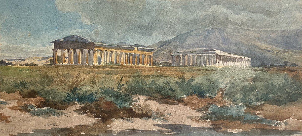 ECOLE FRANCAISE 19E SIECLE "Temples de Paestum" Aquarelle