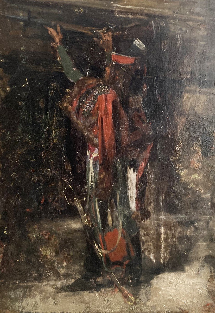 French School Circa 1830 "a Hussar" Oil On Panel