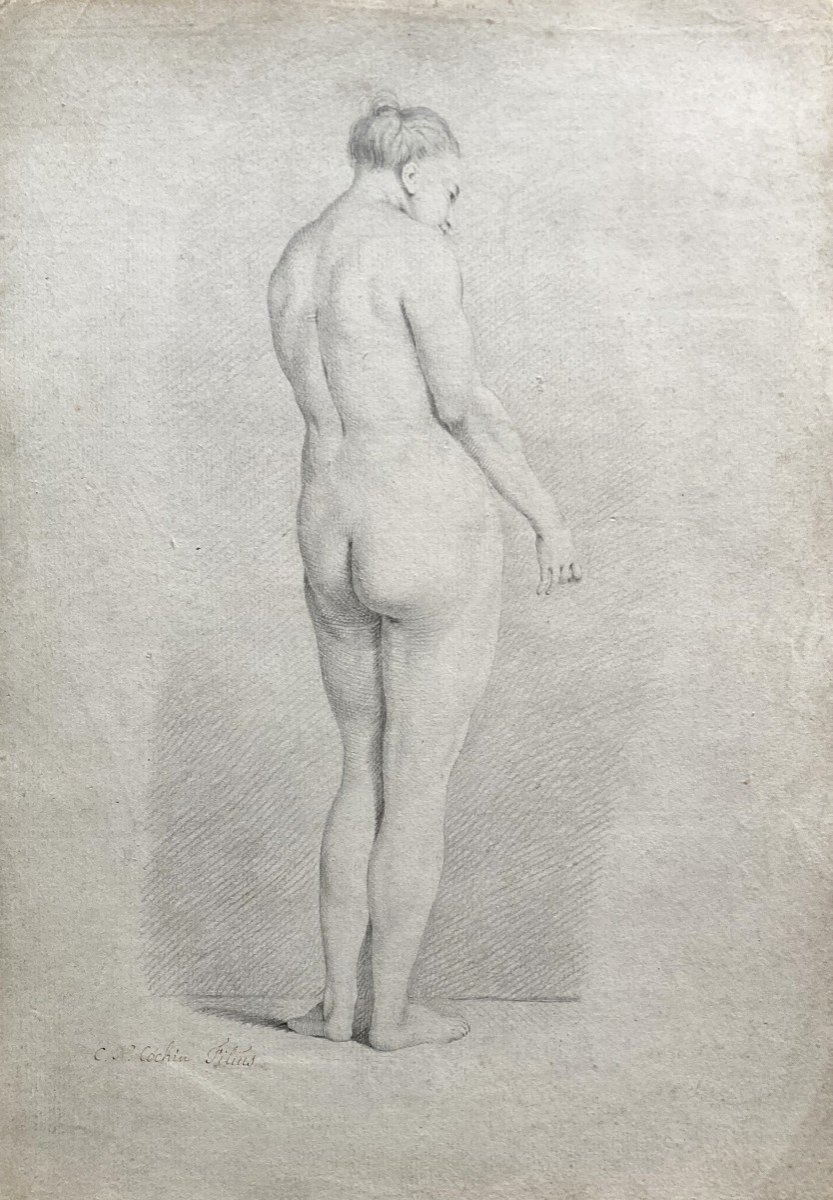 Cochin Charles-nicolas (1715-1790) "nude Standing From Behind" Drawing In Black Chalk, Signed, 19th Century Frame-photo-2