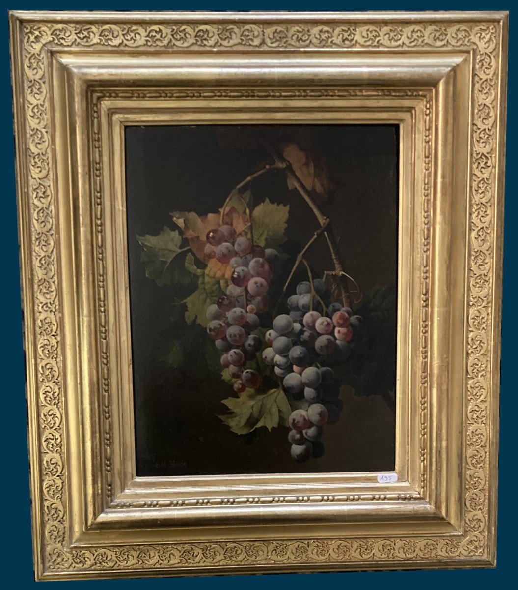 NODE Charles (1811-1886) "Nature morte aux raisins" Huile sur panneau, signé, Cadre 19e-photo-4