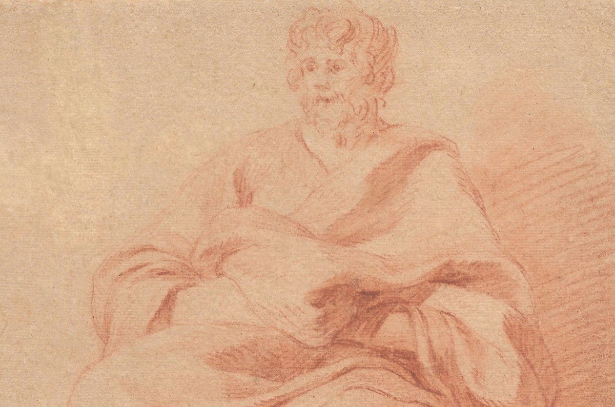 LEMOYNE François (1688-1737) "Personnage drapé assis" Dessin au crayon sanguine, annoté-photo-2