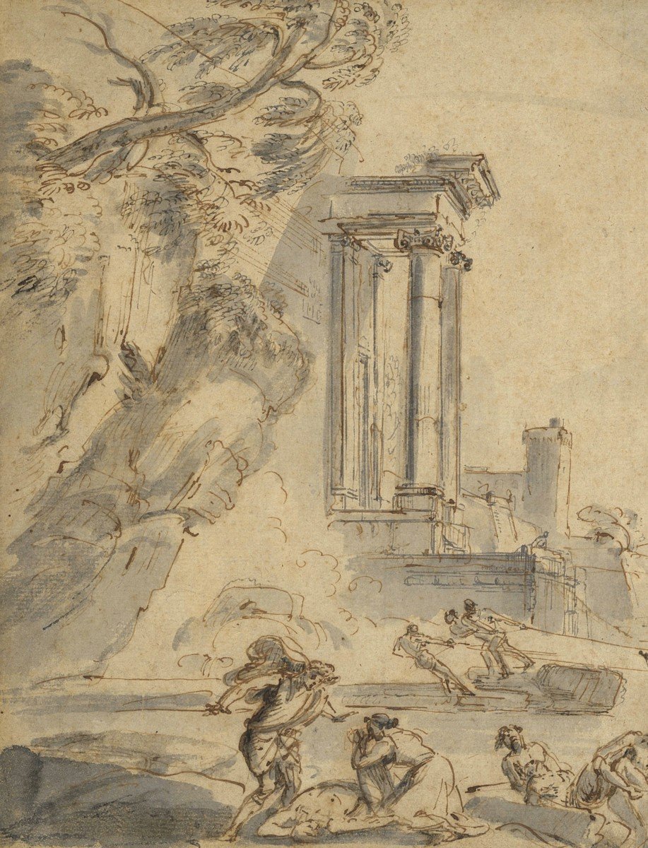 LALLEMAND Jean-Baptiste (1716-1803) "Paysage de bord de mer" Dessin à la plume et au lavis gris-photo-2