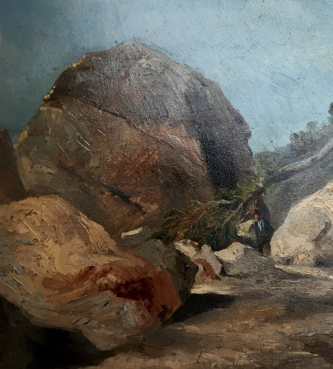 ECOLE FRANÇAISE VERS 1840 "Paysage aux rochers et personnage" Huile sur papier-photo-2